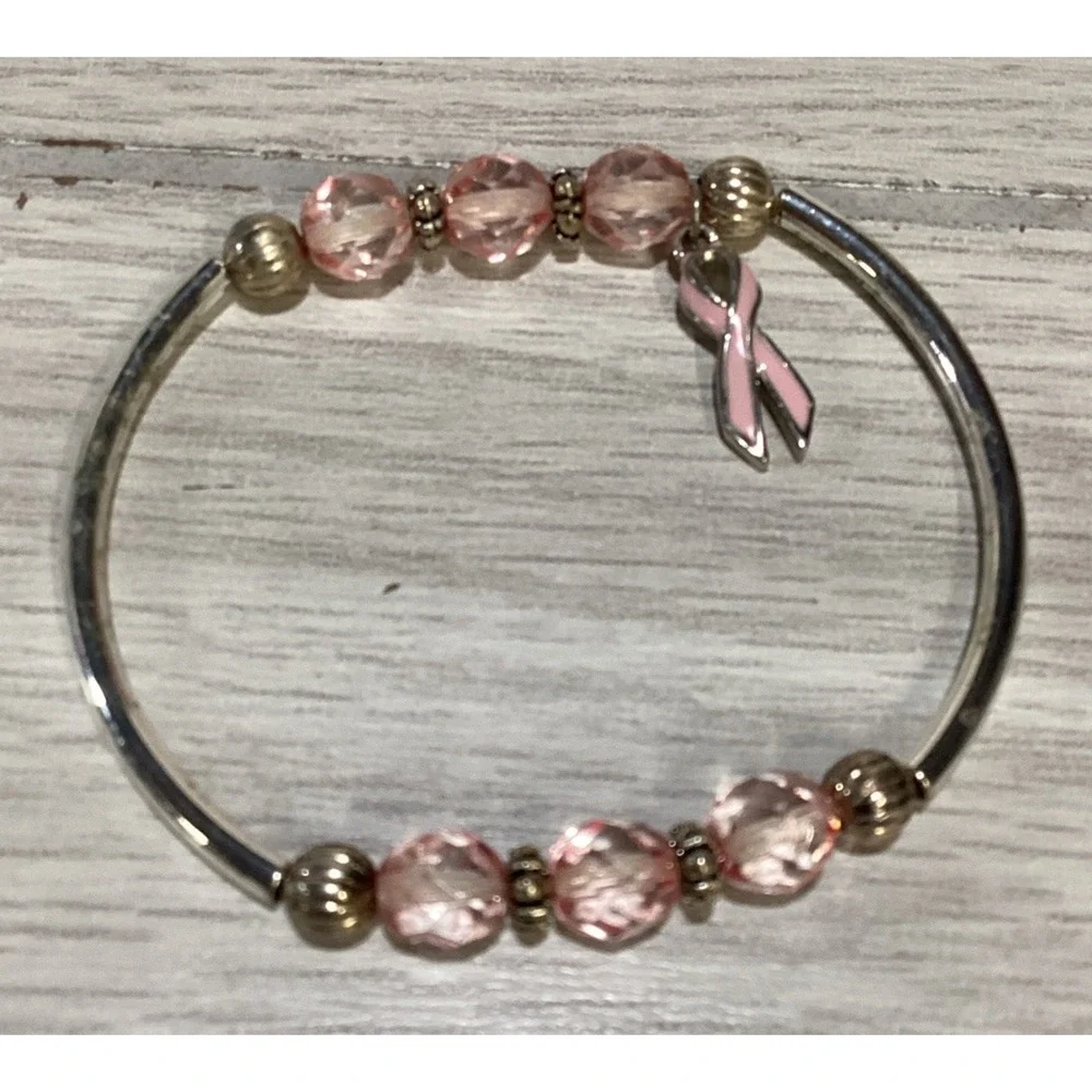 Silvertone Bracelet w/ Pink Beads Breast Cancer Awareness Ribbon Charm‎